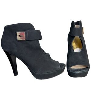 Michael Kors Black Peep Toe Platform Booties Suede‎ Gold MK Women's Size 8M